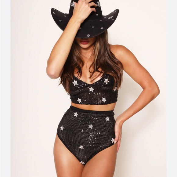 EastnWest Sequin Star Embellished Black Bralette - Picture 4 of 4